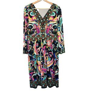 ECI New York Colorful Floral Dress Belted Size XL Shift Midi Stretch Resort